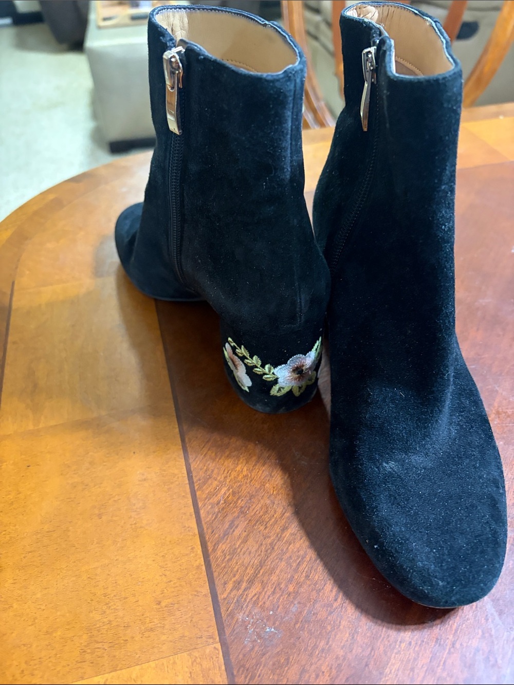 Franco Sarto Black Suede Ankle Boots with Embroidered Floral Heel